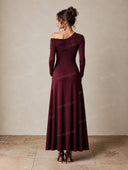 Asymmetric Off Shoulder Ruched Long Sleeve Maxi Dress
