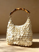 Bamboo Handle Pearl Shell Disc Hobo Bag
