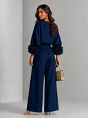 Elegant Floral Long-Sleeve Top and Wide-Leg Pants Two-Piece Set