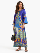 Unique Painted Print Satin Kaftan Maxi Dress