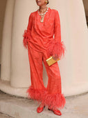 Elegant Feather Trim Jacquard Wrap Blouse & Pants Two-Piece Set