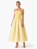 Romantic 3D Floral Strapless Midi Dress