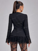 Elegant Lace Trim Blazer Top & Flared Lace Pants Two-Piece Set