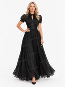 Elegant Lace Trim Pleated Chiffon Maxi Dress