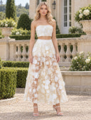 Elegant Strapless Floral Lace Crop Top & Maxi Skirt Two-Piece Set