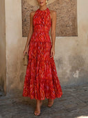 Elegant Halter Neck Abstract Print Tiered Maxi Dress