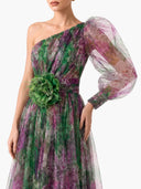 Elegant Floral Print Ruched One-Shoulder Sheer Maxi Dress