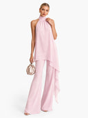 Elegant Halter Neck Asymmetric Chiffon Top & Wide-Leg Pants Set