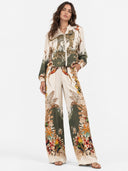 Exotic Jungle Print Zip-Up Shirt & Wide Leg Pants Set