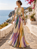 Elegant Abstract Watercolor Print Ruched Waist Maxi Dress