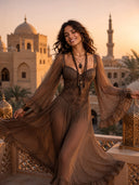 Sexy Lace Spaghetti Strap Sheer Chiffon Ruffle Maxi Dress