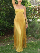 Elegant Strapless Ruched Fringe Maxi Dress