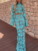 Elegant Turquoise Shell Lace Two-Piece Set