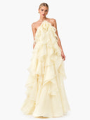 Elegant  3D Flower Ruffle Halter Maxi Dress