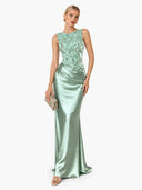 Elegant Blue Embroidery Satin Crew Neck Sleeveless Sheath Maxi Dress
