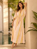 Casual Stripe Print Tie-Waist Kaftan Maxi Dress