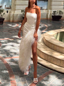 Elegant Strapless Feather Trim High Slit Satin Party Maxi Dress
