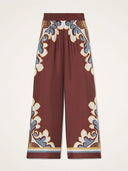 Retro Print Satin Feather Trim Top & Wide-Leg Pants Two-Piece Set
