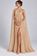 Pleated Cape High Neck Slit Maxi Dress