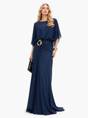 Elegant Blue Chiffon Cape Top & Wide-Leg Pants Two-Piece Set