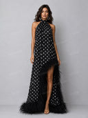 Elegant Polka Dot Halter Feather Trim Maxi Dress