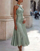 Elegant Halter Neck Ruched Flowing Party Midi Dress