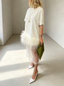 Elegant Feather Trim Top & Mesh Skirt Two-Piece Set