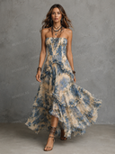 Boho Floral Strapless Ruffle Tiered Maxi Dress