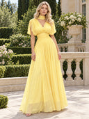 Elegant Pleated V-Neck Cape Sleeve Maxi Dress