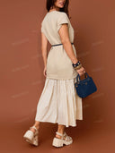 Casual Belted T-Shirt Drop Waist Pleated Maxi Dress