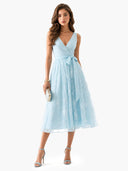 Elegant V-Neck Lace Embroidered Tie-Front Midi Dress