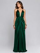 Emerald Green Satin Backless Maxi Dress