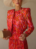 Elegant Halter Neck Abstract Print Tiered Maxi Dress