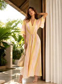 Casual Stripe Print Tie-Waist Kaftan Maxi Dress