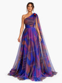 Elegant One-Shoulder Printed Tulle Cape Maxi Dress