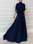 Elegant High Neck Pleated Cape Sleeve Maxi Dress