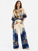 Exotic Jungle Print Zip-Up Shirt & Wide Leg Pants Set