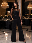 Elegant Sheer-Trim Shawl Strapless Jumpsuit