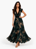 Elegant Floral Print Lace Trim Tiered Maxi Dress