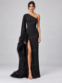 Elegant Feather Trim One Shoulder Slit Maxi Dress