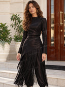 Elegant Long Sleeve Top & Fringe Pants Two-Piece Set