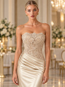 Elegant Floral Lace Strapless Satin Maxi Dress