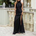 Elegant halter backless ruched high slit satin maxi dress