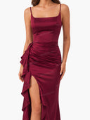 Elegant Satin Ruched Ruffle Slit Maxi Dress