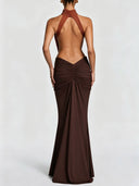 Elegant Ruched Halter Neck Cutout Maxi Dress