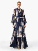 Elegant Abstract Floral Print Sheer Chiffon Maxi Dress