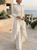 Elegant Mandarin Collar High-Low Jacket & Pants Two Piece Set
