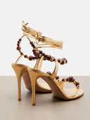 Wood Beaded Ankle-Wrap Stiletto Heeled Sandals