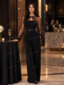 Elegant Sheer-Trim Shawl Strapless Jumpsuit