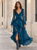 Elegant Ruffle Deep V-Neck Sheer Sleeve Maxi Dress